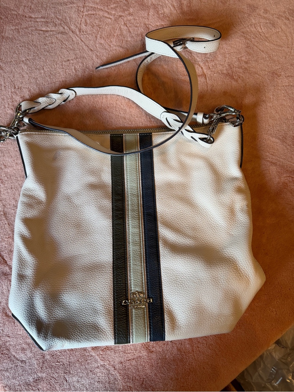 Coach White Leather Tote with Black and Olive Center Stripes